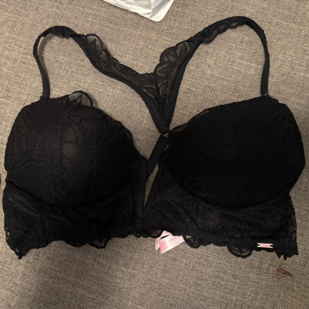 Elegant Black Lace Bra V Cut Victoria’s Secret PINK T Strap